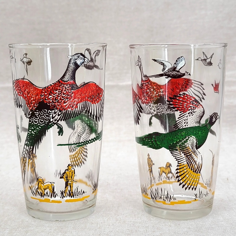 Vintage Hazel Atlas Pheasant Hunting Glass Tumblers Set of 2 5" Mid Century